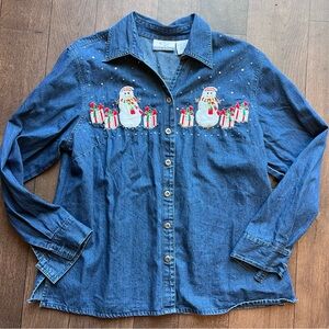 VTG Club Z Denim Women’s Denim Button Up Christmas Snowman Shirt L 100% Cotton